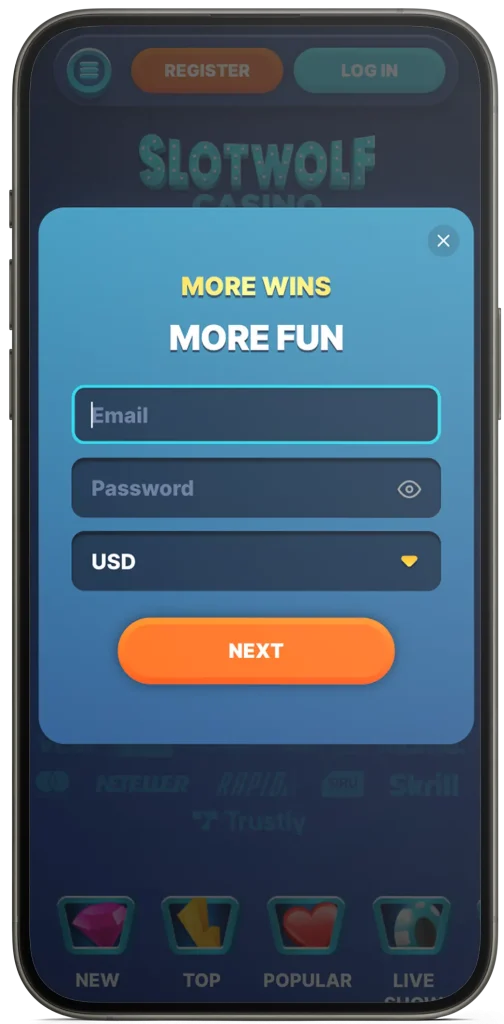 Registration form at SlotWolf Casino on mobile